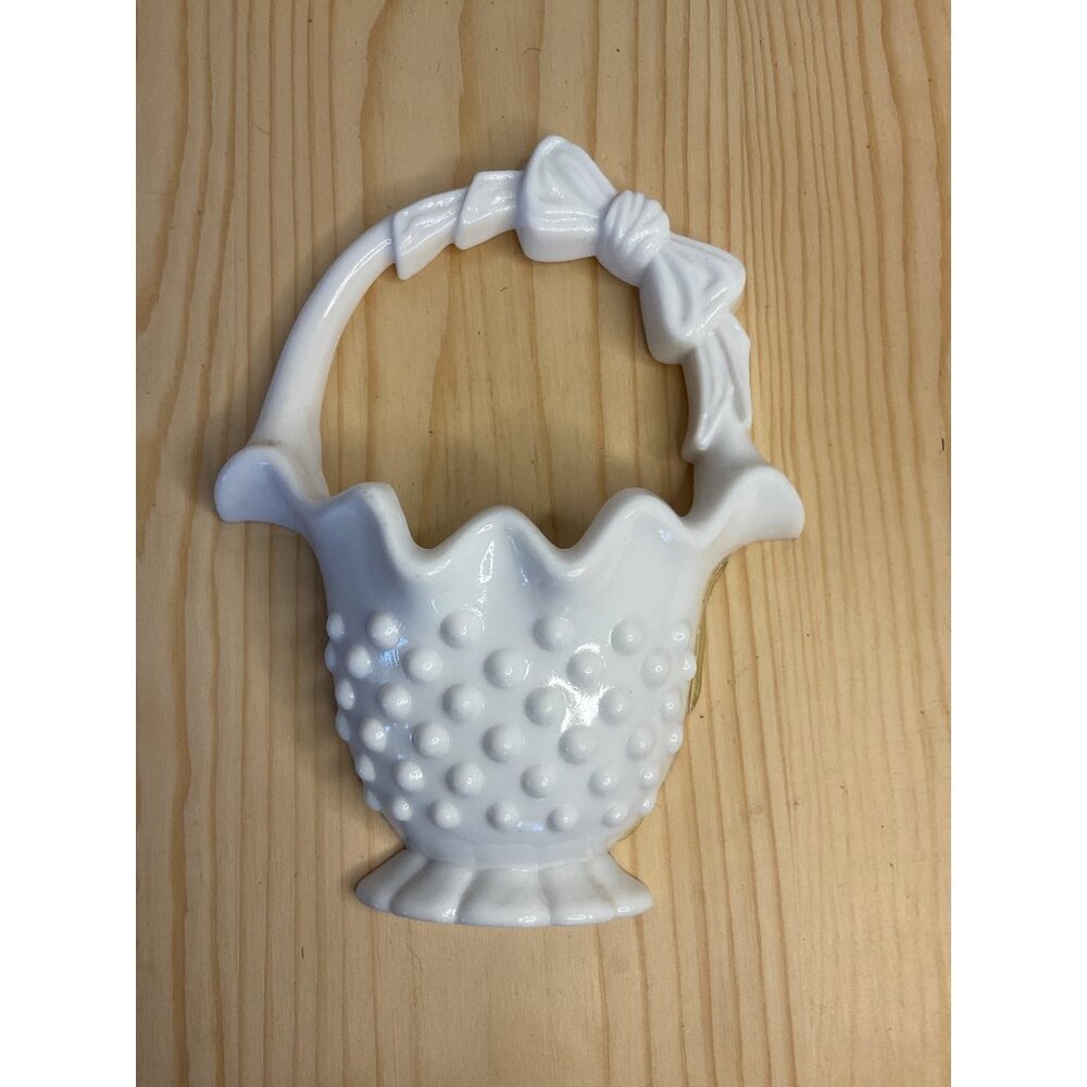 Vintage White Hobnail Milk Glass Wall Pocket Basket With Bow Detail
